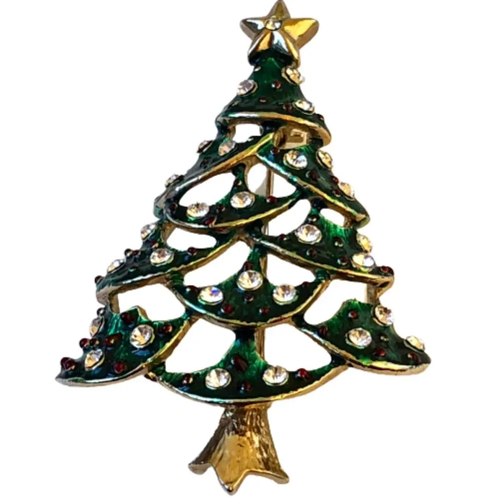 Vintage Christmas Tree Brooch Green Enamel Clear Rhinestones See Thru Cut-Outs